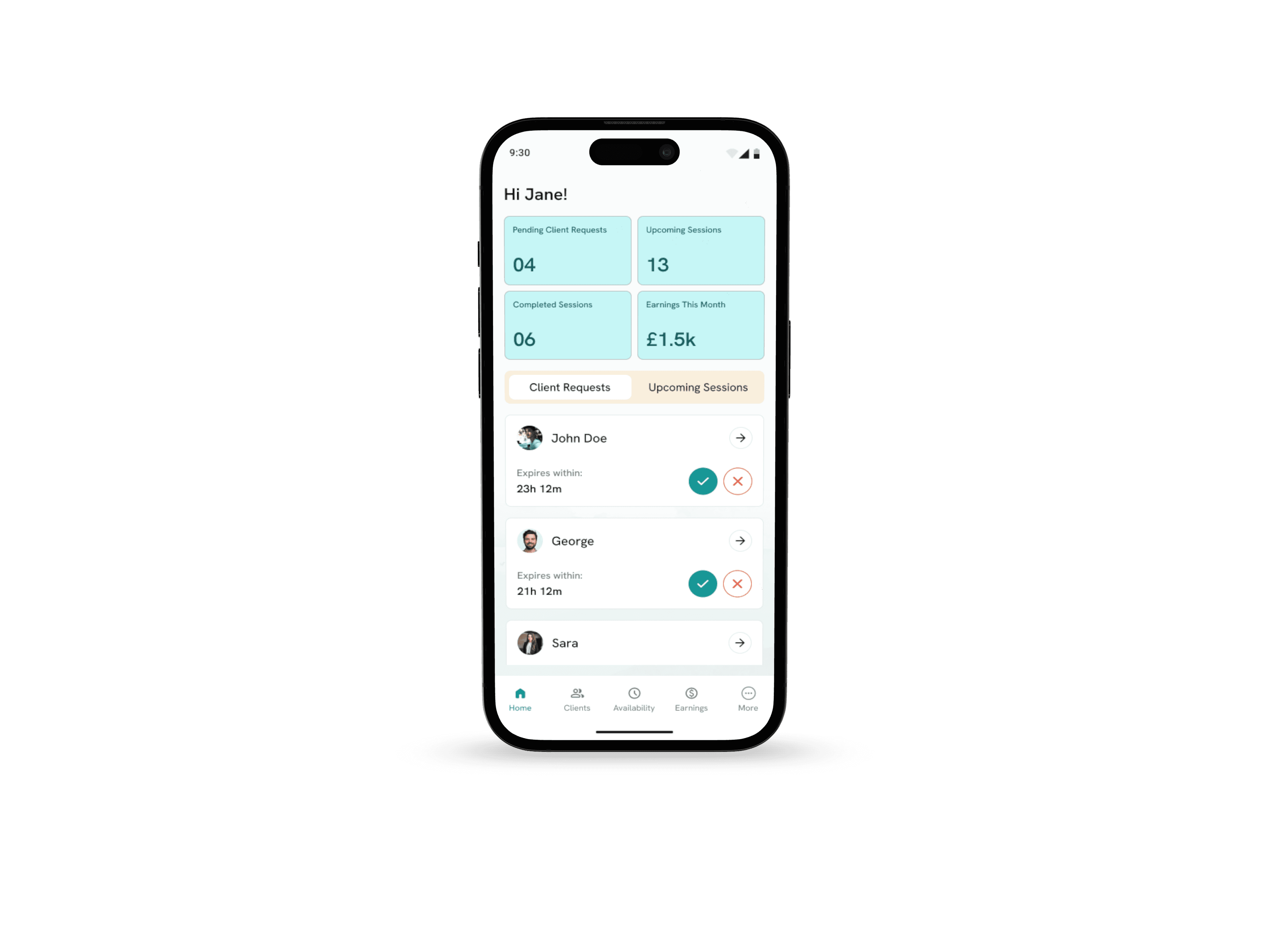 GuideMe specialist dashboard on a mobile phone